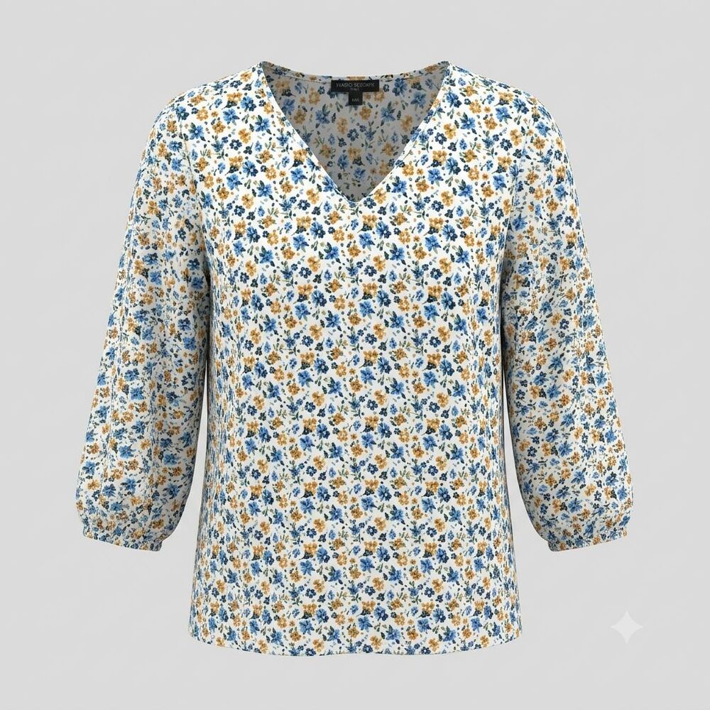 Mario Serrani Italy Women's Floral V Neck Blouse Medium 3/4 Sleeve Lightweight